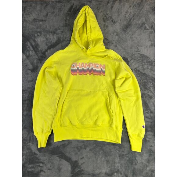 VTG Champion Reverse Weave Hoodie Small Neon Yellow Rainbow Stripe Logo Pullover - Picture 1 of 6